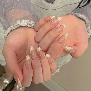 Qfdian 10Pcs Handmade Press on Nails Full Cover Rhinestone Decoration French Almond Ballet Artificial False Nails Manicure Nail Tip